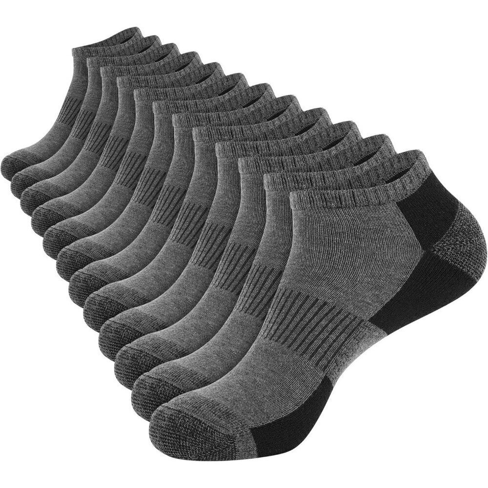 Men's  Dark Grey Cushioned Ankle Socks, Low Cut Breathable Casual Socks 12 Pack
